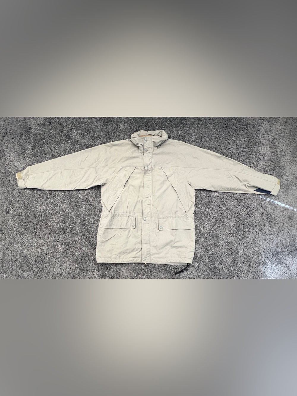 Timberland Weathergear Jacket Men’s Size Medium Khaki Hood Pockets Warm Hooded